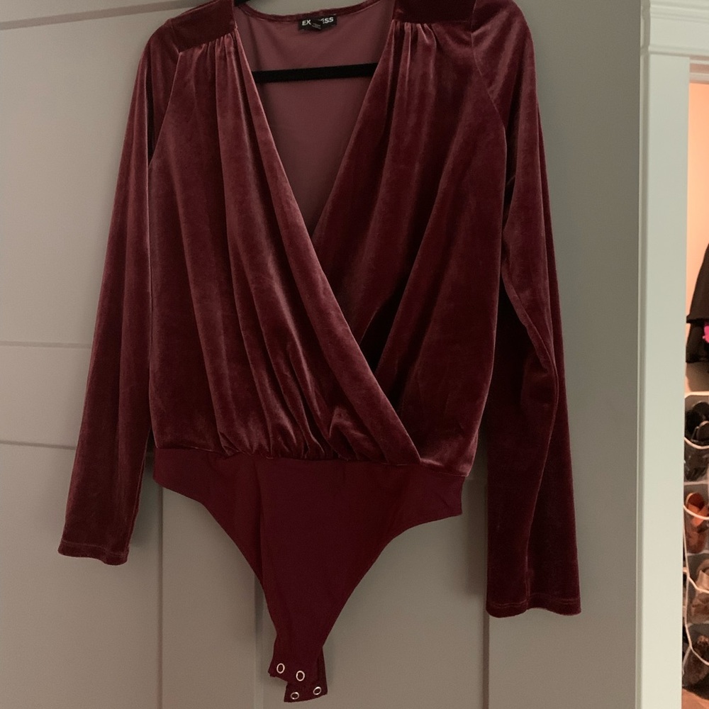 Express Long Sleeve Wine Velvet Bodysuit